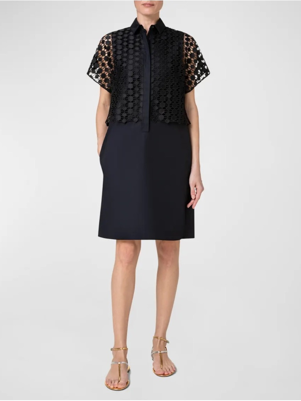 Akris Punto Kaleidoscope Dot Guipure Overlay Short-Sleeve Shirtdress - size 16